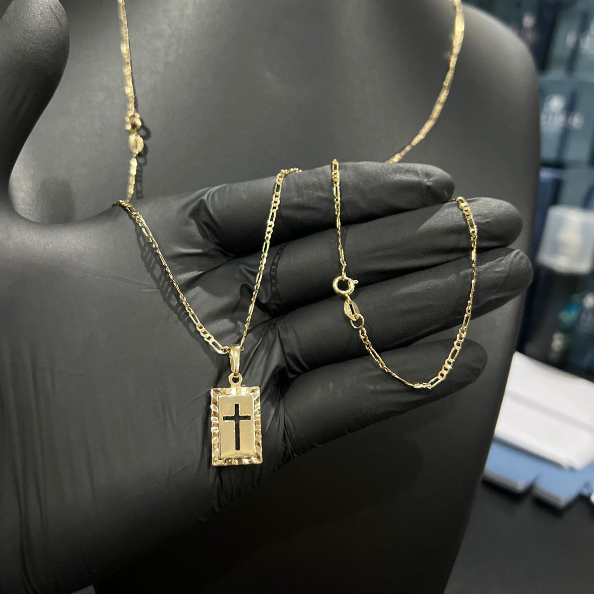 Corrente e Pulseira 3x1 2mm + Ping Cruz c/Borda banhado a ouro 18k