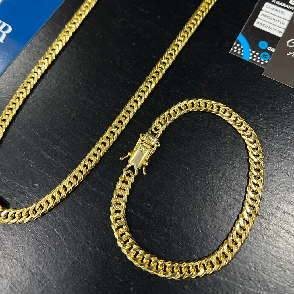 Corrente e Pulseira Grumet Dupla 7mm banhado a ouro 18k