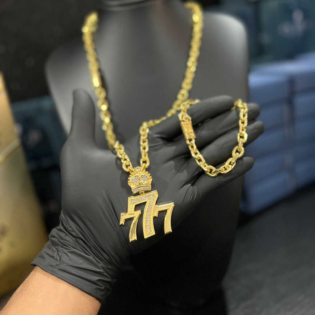 Corrente Cadeado 8mm + Ping 777 banhado a ouro 18k