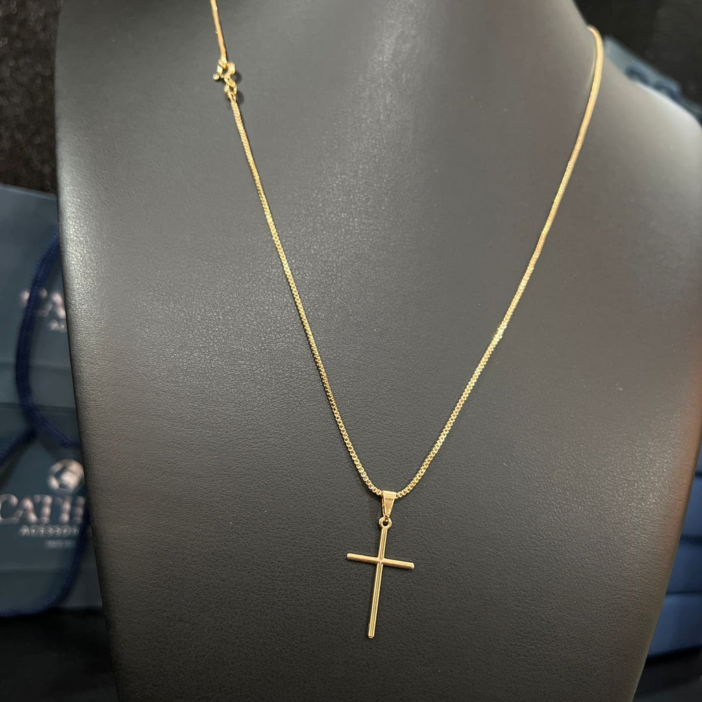 Corrente e Pulseira Veneziana 1mm + Ping Cruz Palito Banhado a ouro 18k