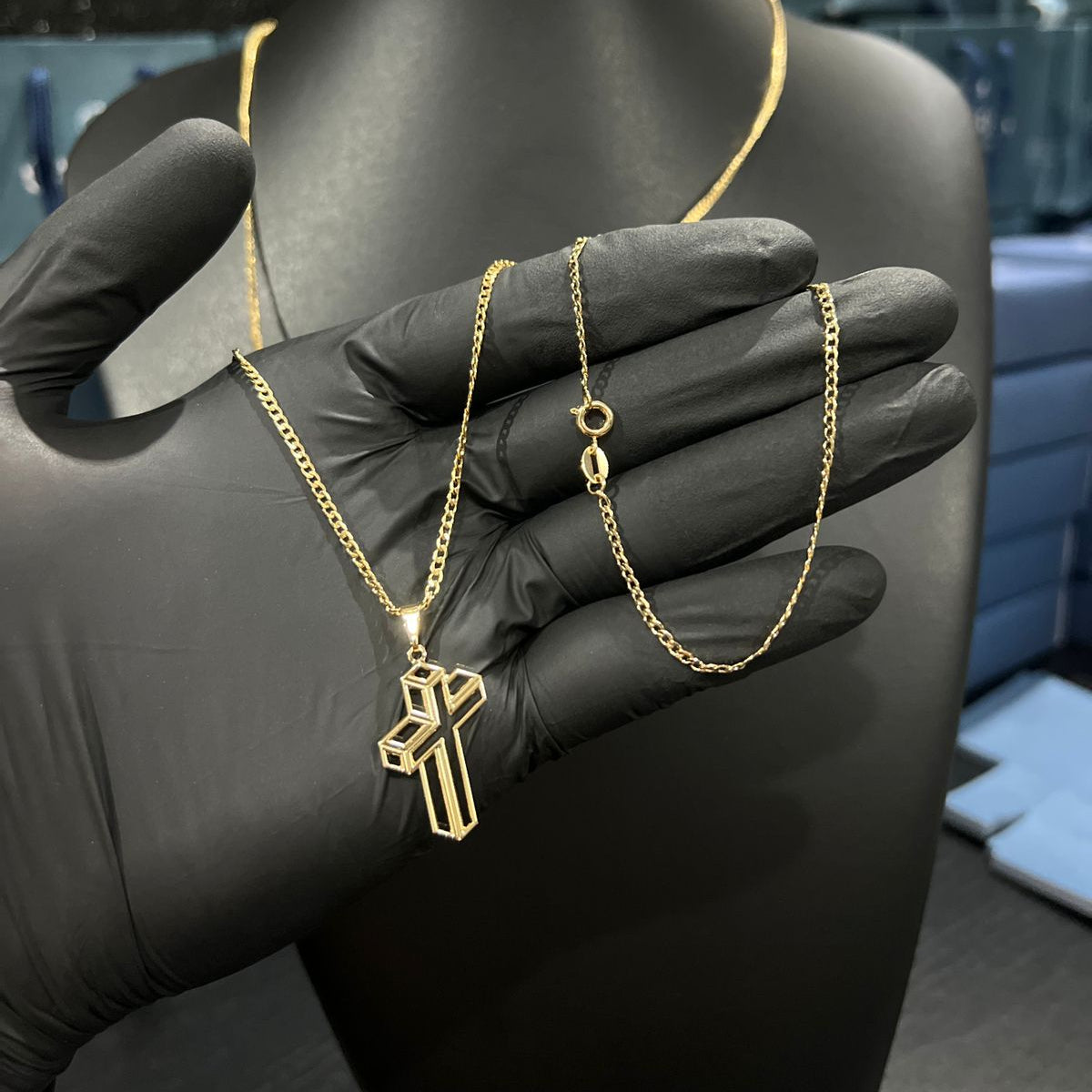 Corrente e Pulseira Grumet Pitbull 2mm + Ping Cruz 3d Banhado a Ouro 18k