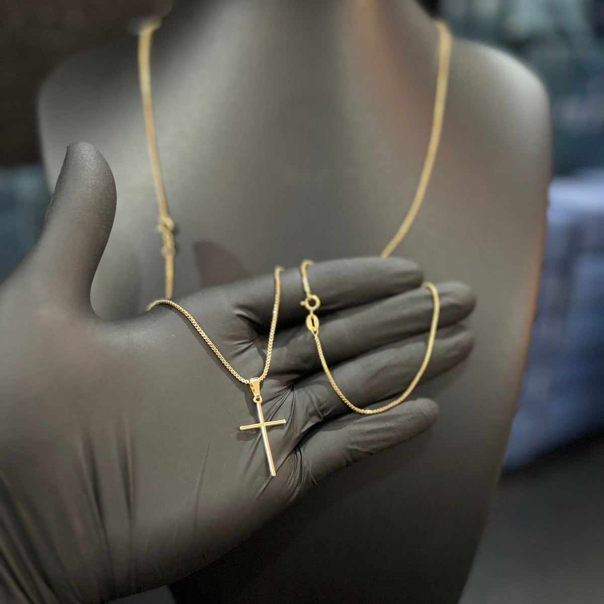 Corrente e Pulseira Veneziana 1mm + Ping Cruz Palito Banhado a ouro 18k