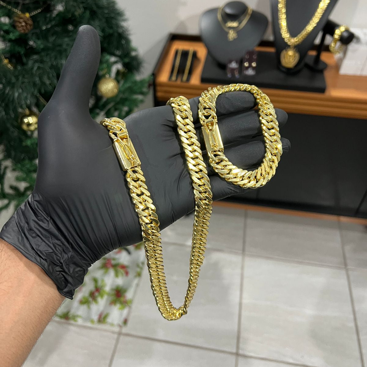 Corrente e Pulseira Grumet Dupla 13mm banhado a ouro 18k