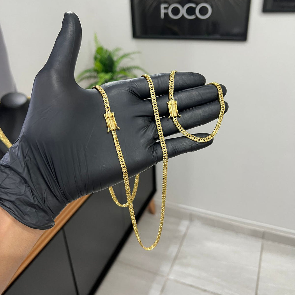 Corrente e Pulseira Grumet Dupla 4mm banhado a ouro 18k