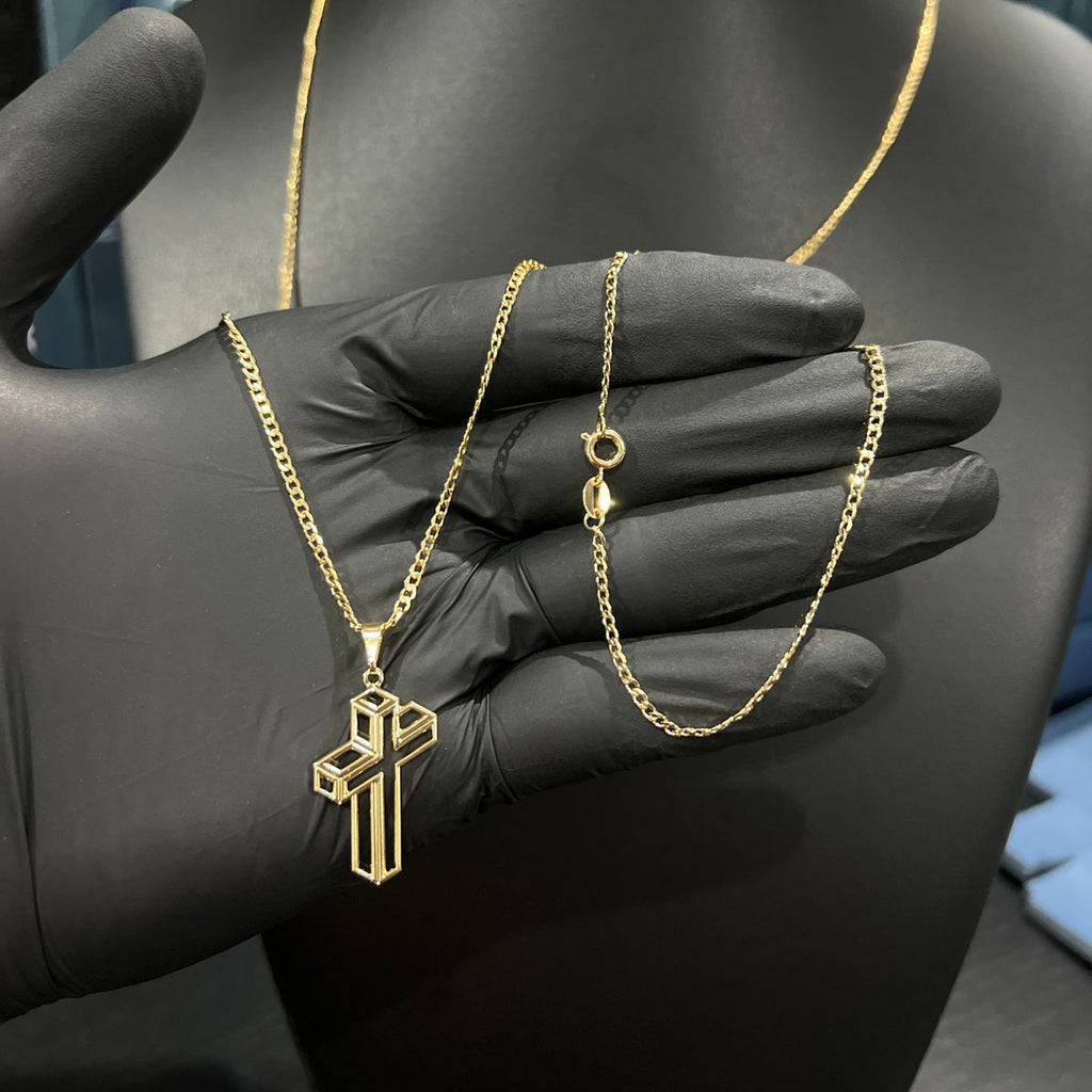 Corrente e Pulseira Grumet Pitbull 2mm + Ping Cruz 3d Banhado a Ouro 18k