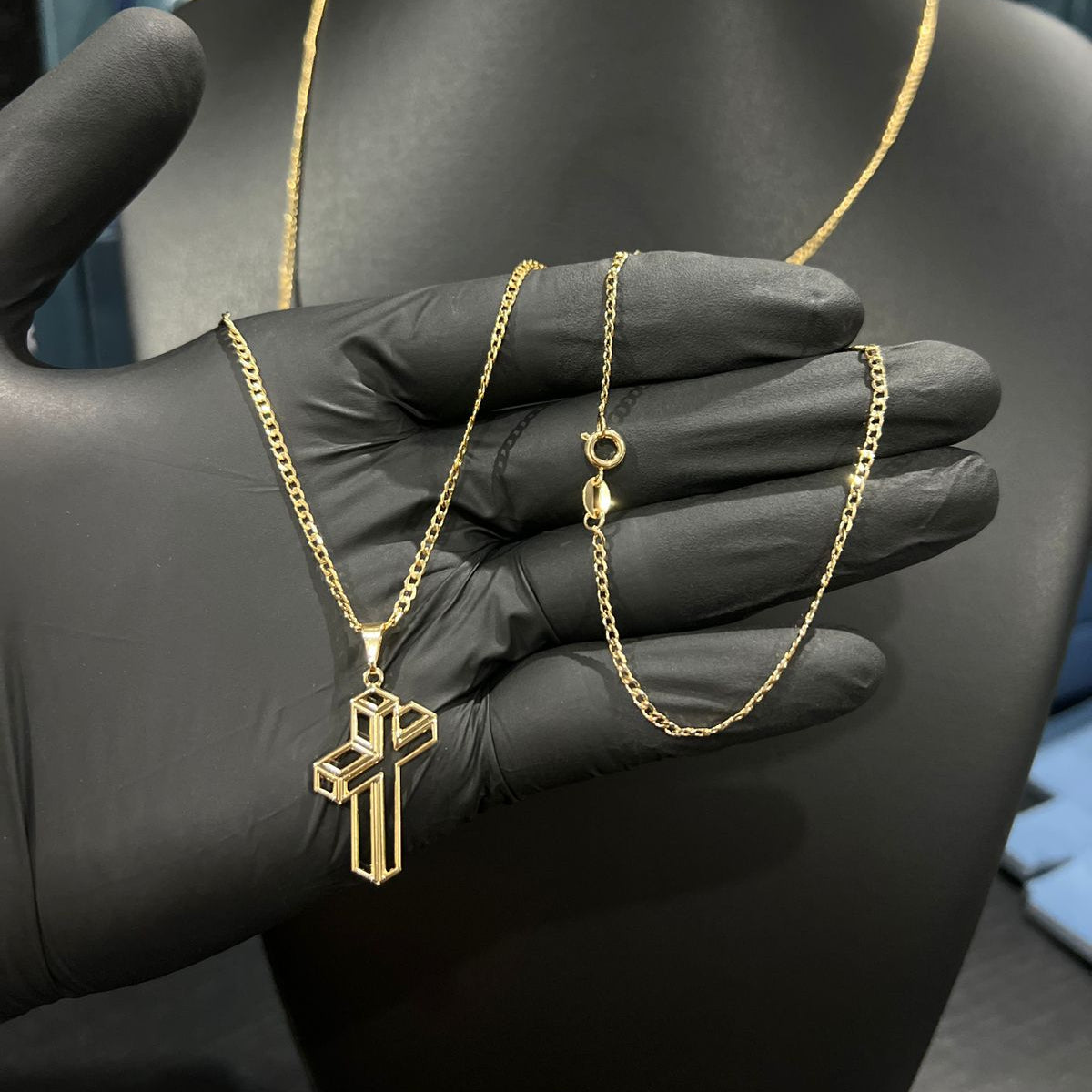 Corrente e Pulseira Grumet Pitbull 2mm + Ping Cruz 3d Banhado a Ouro 18k
