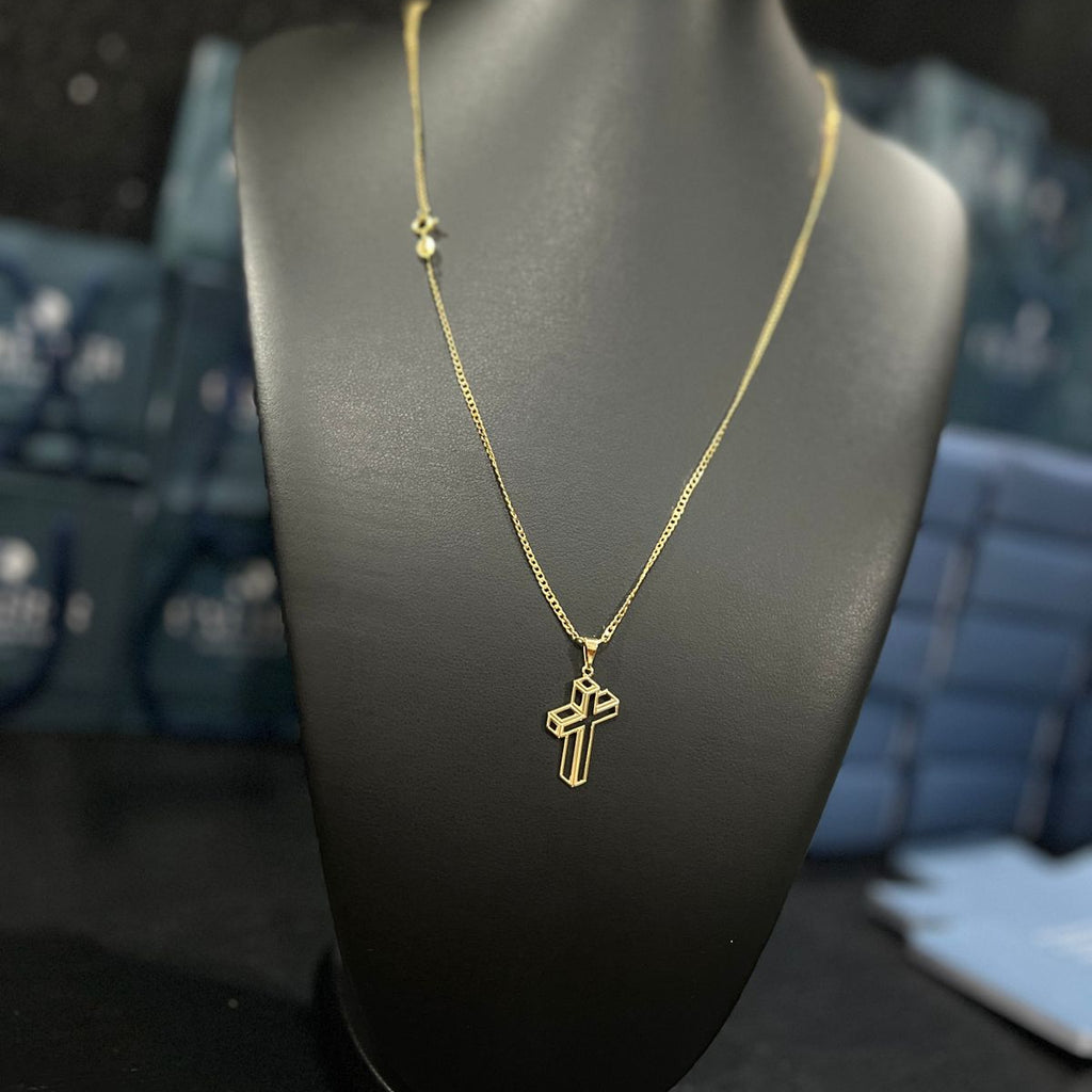 Corrente e Pulseira Grumet Pitbull 2mm + Ping Cruz 3d Banhado a Ouro 18k