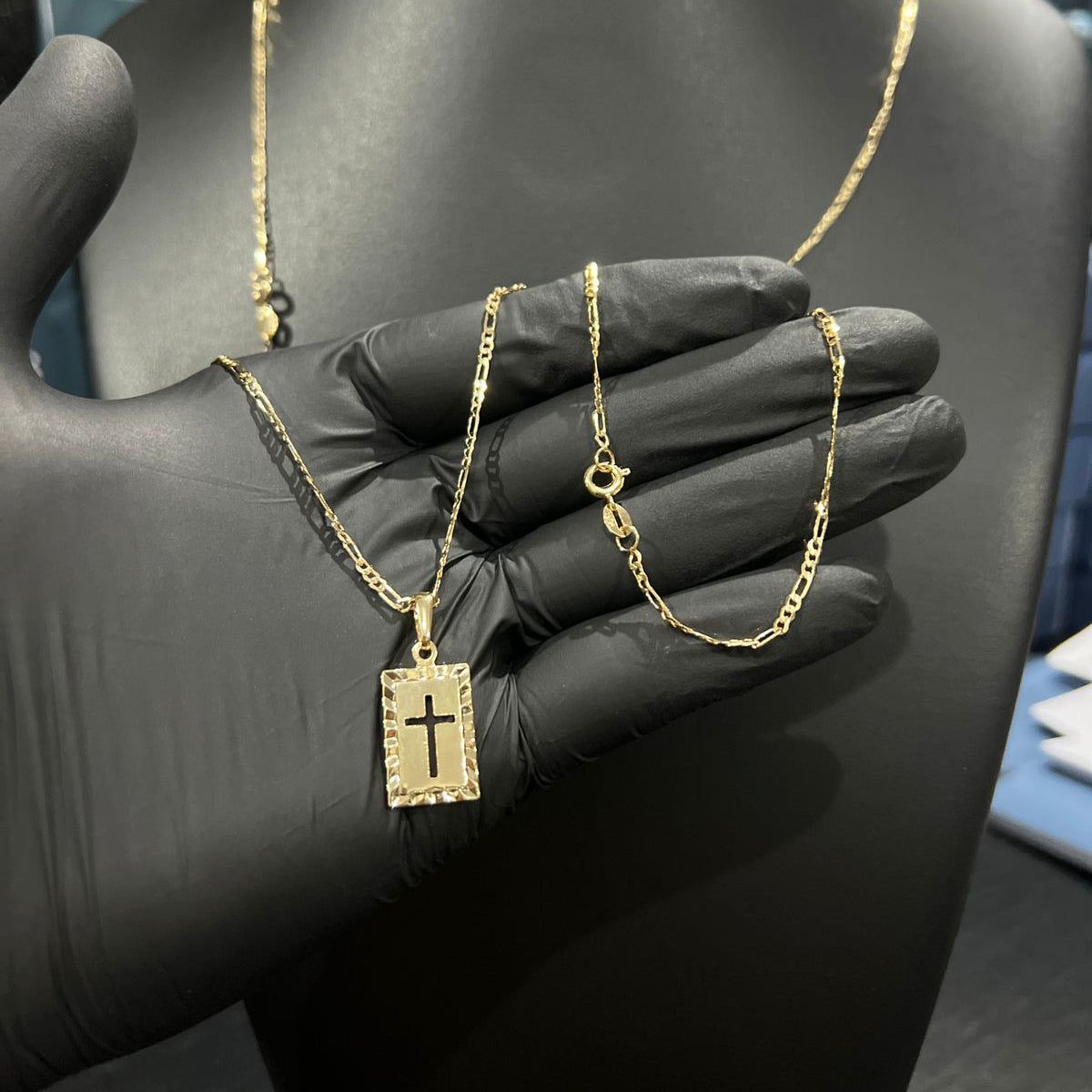 Corrente e Pulseira 3x1 2mm + Ping Cruz c/Borda Banhado a Ouro 18k