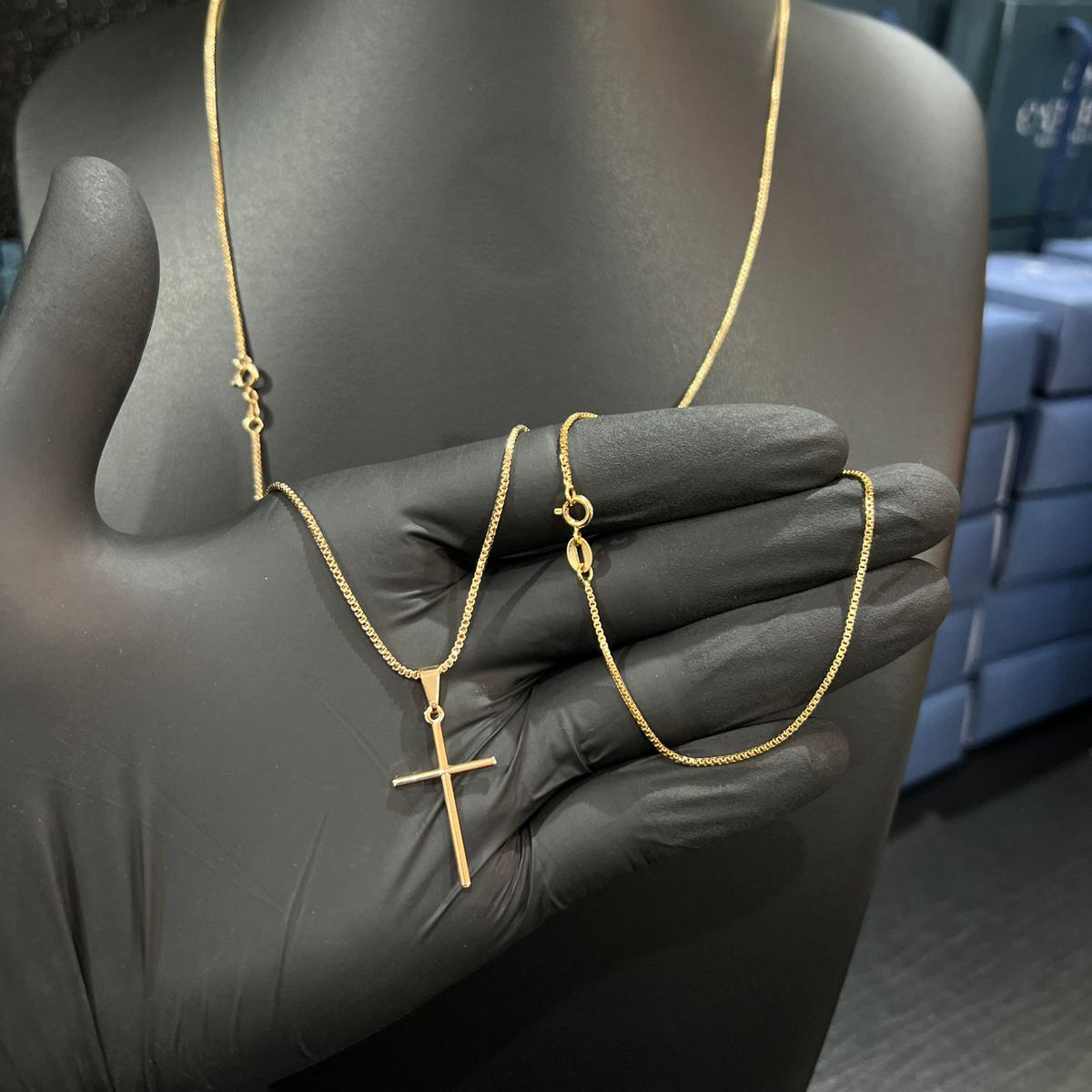 Corrente e Pulseira Veneziana 1mm + Ping Cruz Palito Banhado a ouro 18k