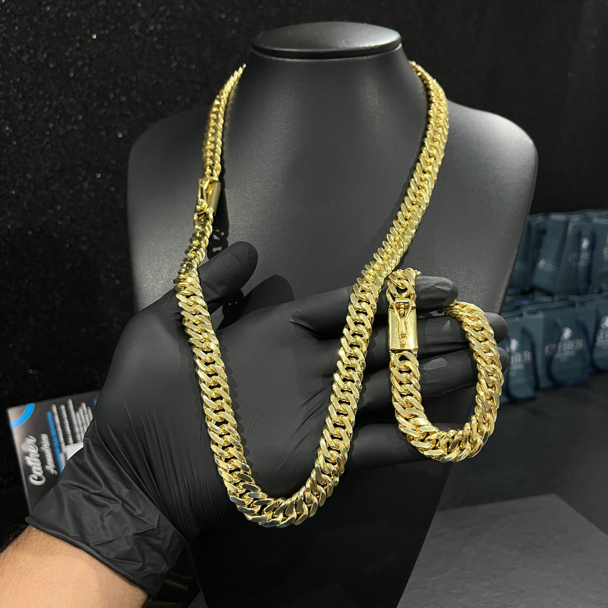 Corrente e Pulseira Grumet Dupla 13mm banhado a ouro 18k