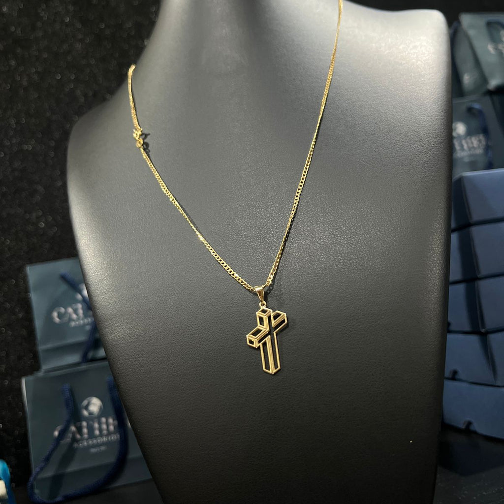 Corrente e Pulseira Grumet Pitbull 2mm + Ping Cruz 3d Banhado a Ouro 18k