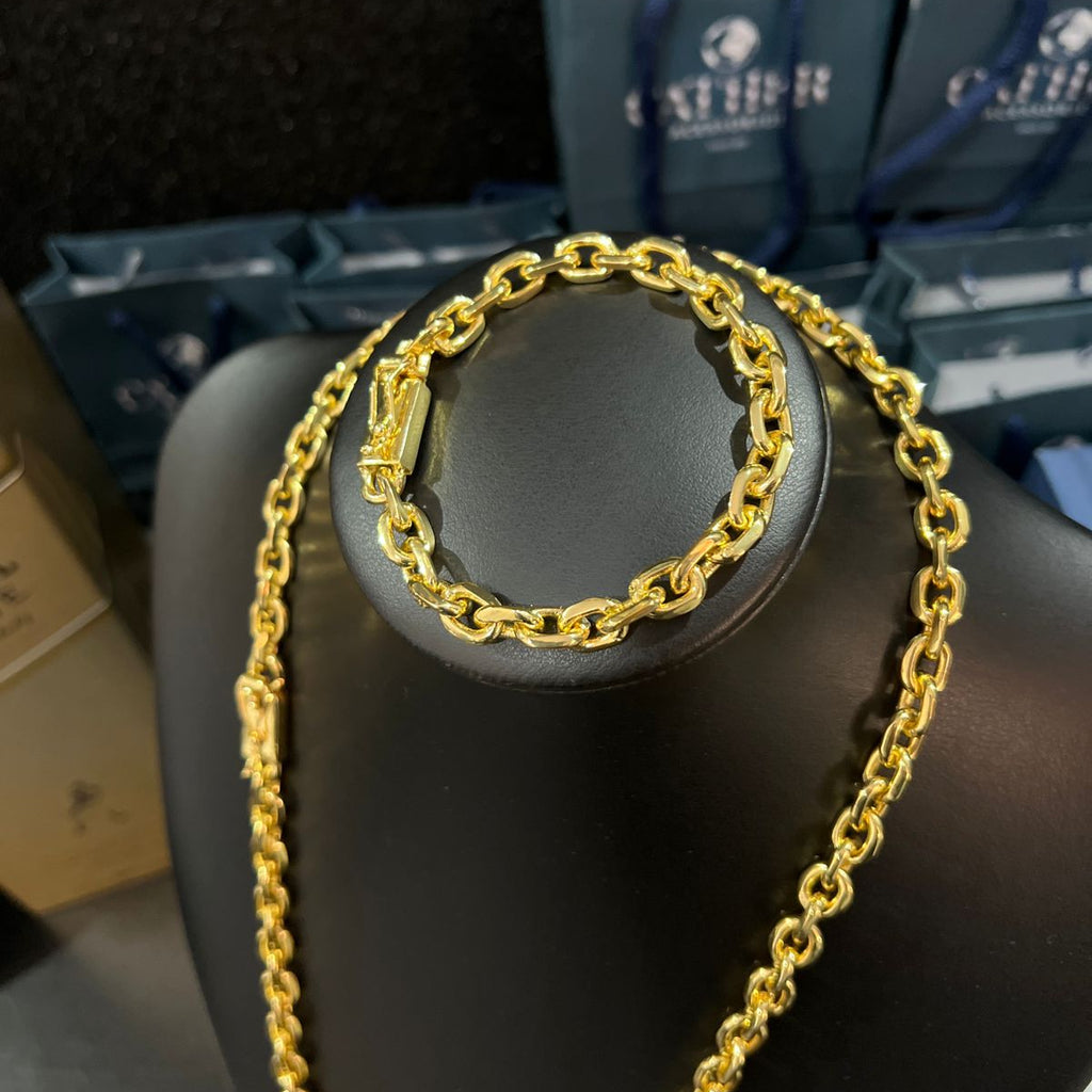 Corrente Cadeado 8mm + Ping 777 banhado a ouro 18k