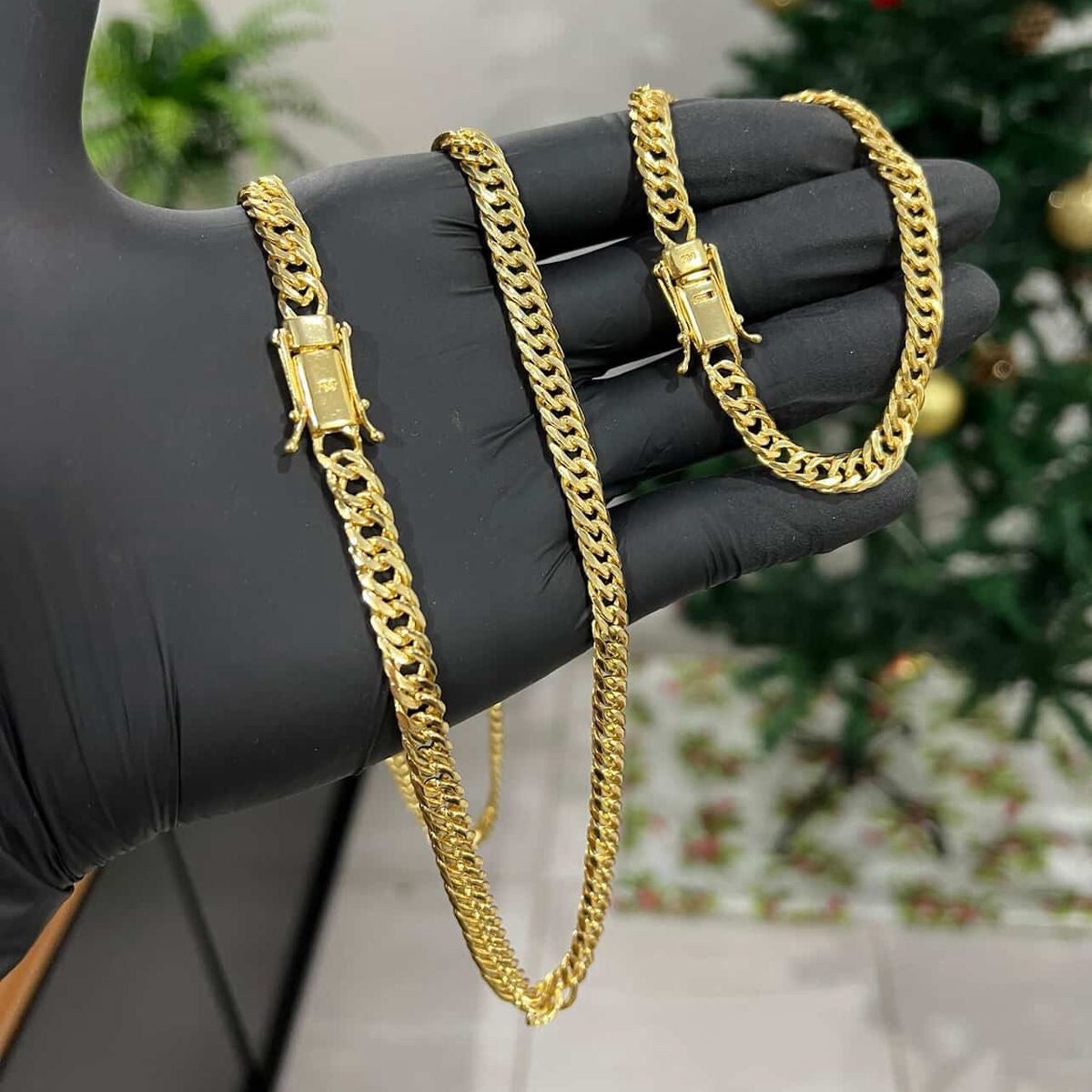 Corrente e Pulseira Grumet Dupla 7mm banhado a ouro 18k