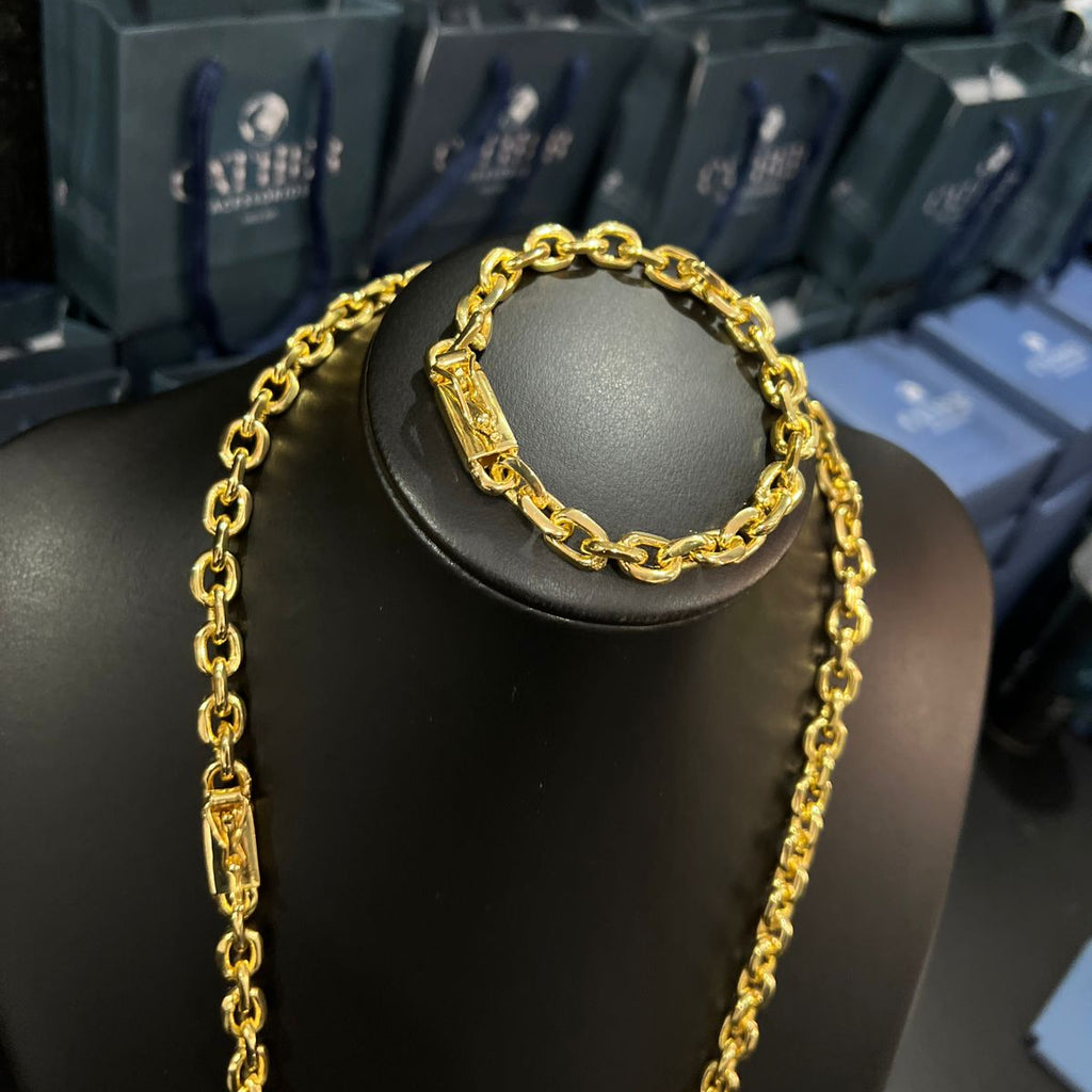 Corrente Cadeado 8mm + Ping 777 banhado a ouro 18k