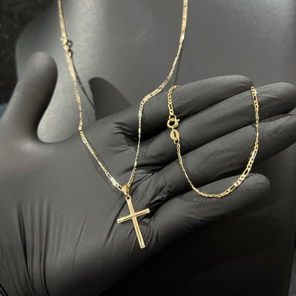 Corrente e Pulseira 3x1 2mm + Ping Cruz Detalhada banhado a ouro 18k