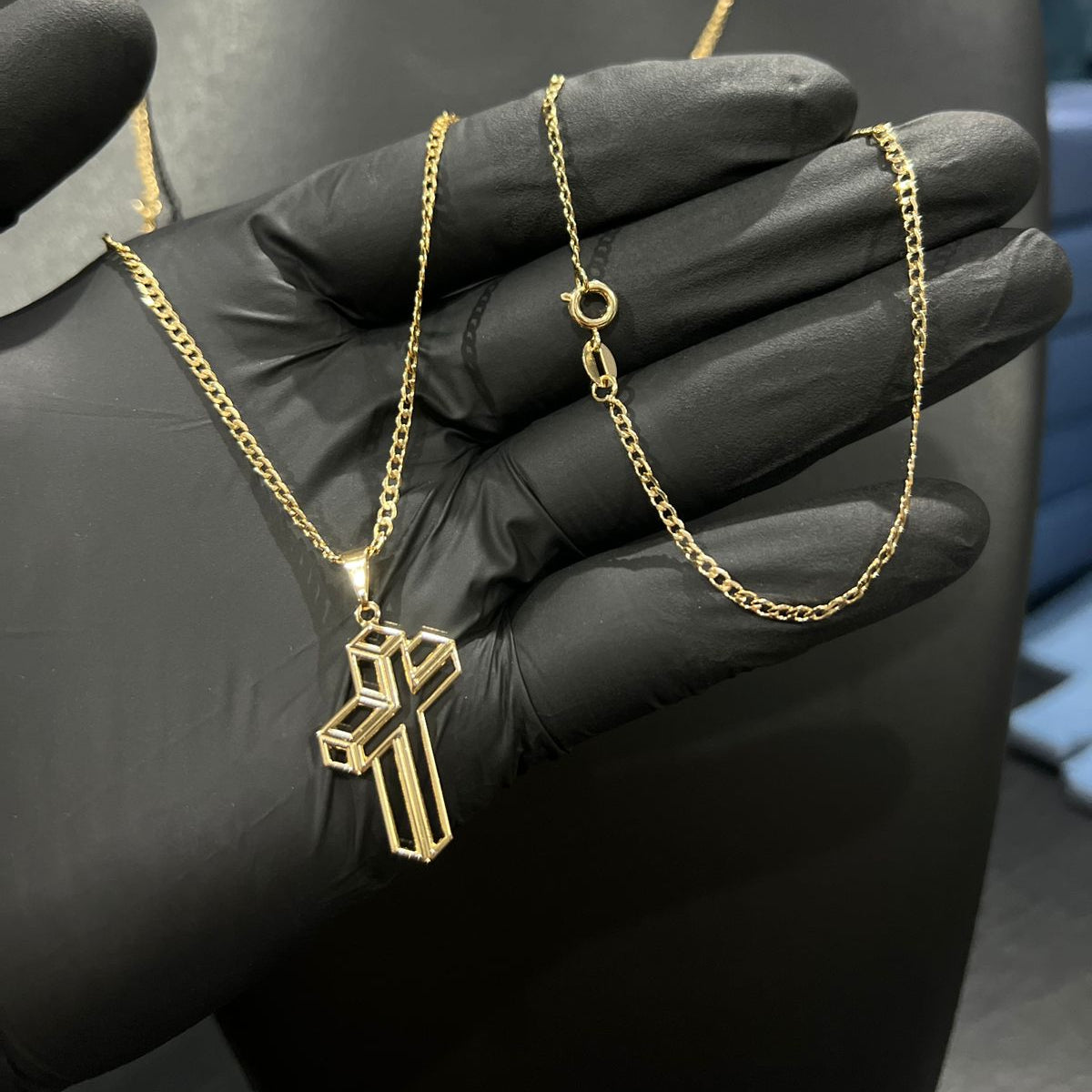 Corrente e Pulseira Grumet Pitbull 2mm + Ping Cruz 3d Banhado a Ouro 18k