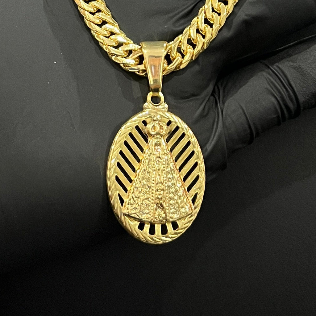 Pingente N.Sra Oval Raiada banhado a ouro 18k
