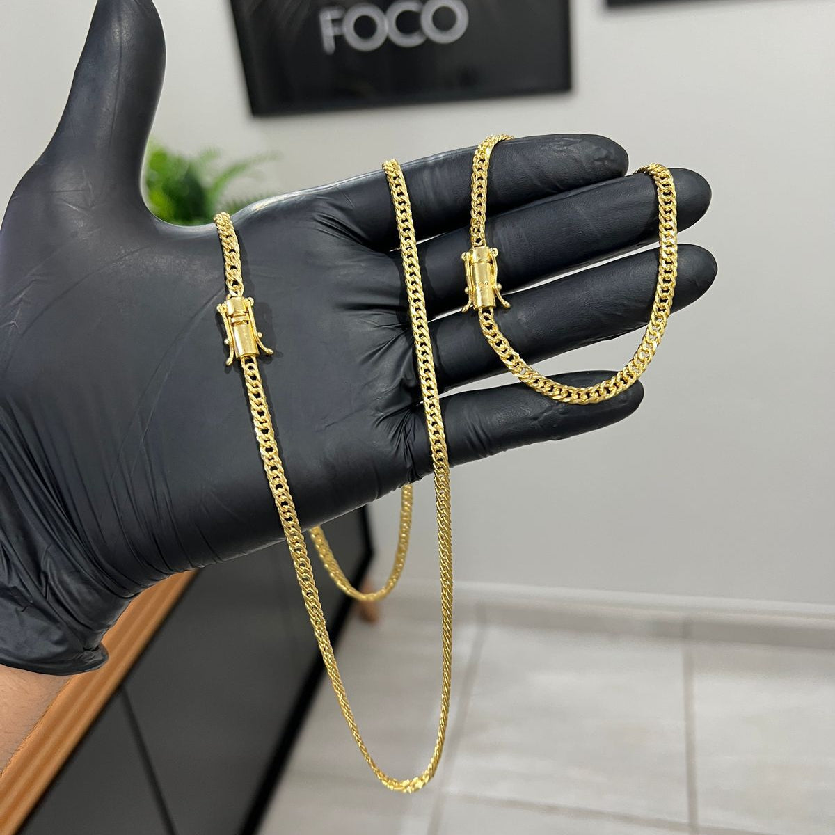 Corrente e Pulseira Grumet Dupla 5mm banhado a ouro 18k