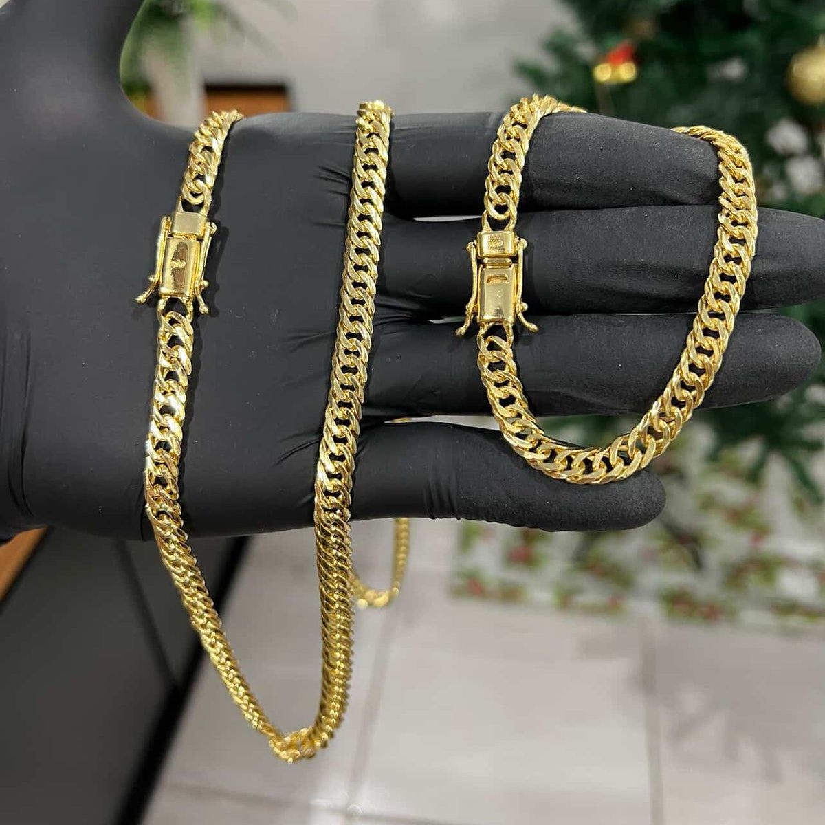 Corrente e Pulseira Grumet Dupla 7mm banhado a ouro 18k