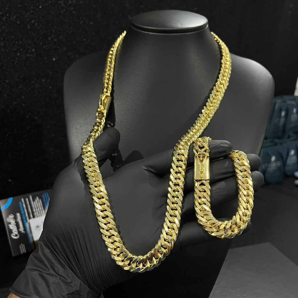 Corrente e Pulseira Grumet Dupla 13mm banhado a ouro 18k