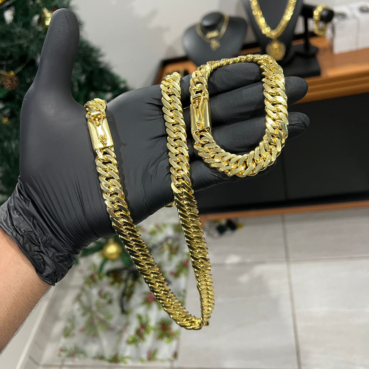 Corrente e Pulseira Grumet Dupla 13mm banhado a ouro 18k