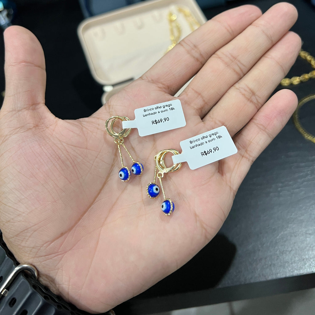 Brinco Olho Grego Azul Escuro Feminino banhado a ouro 18k