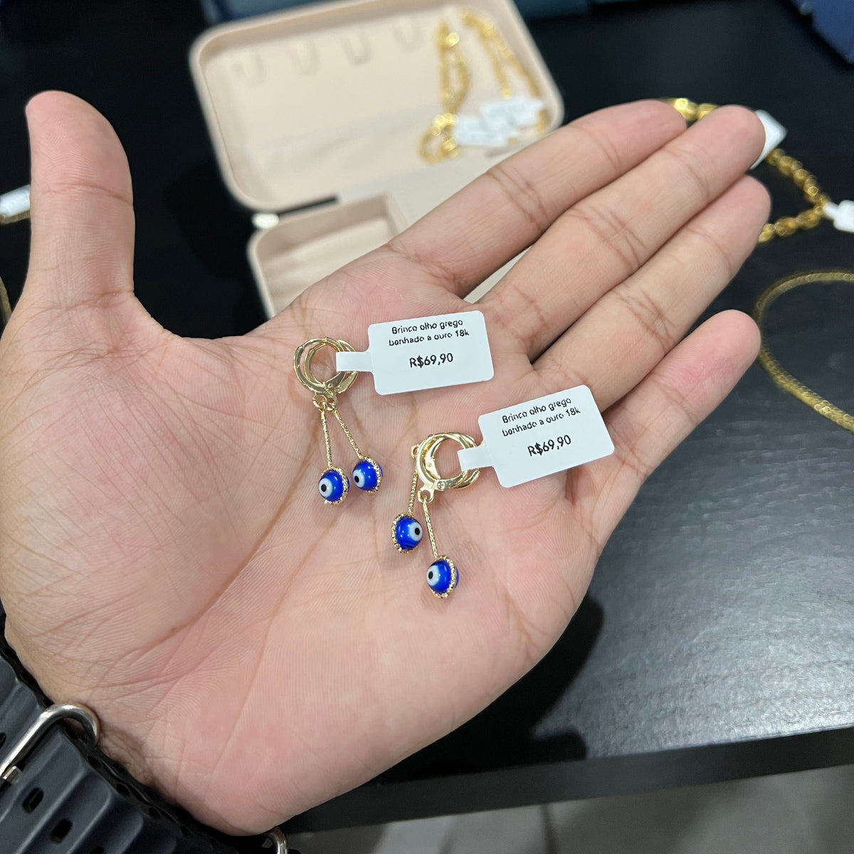 Brinco Olho Grego Azul Escuro Feminino banhado a ouro 18k