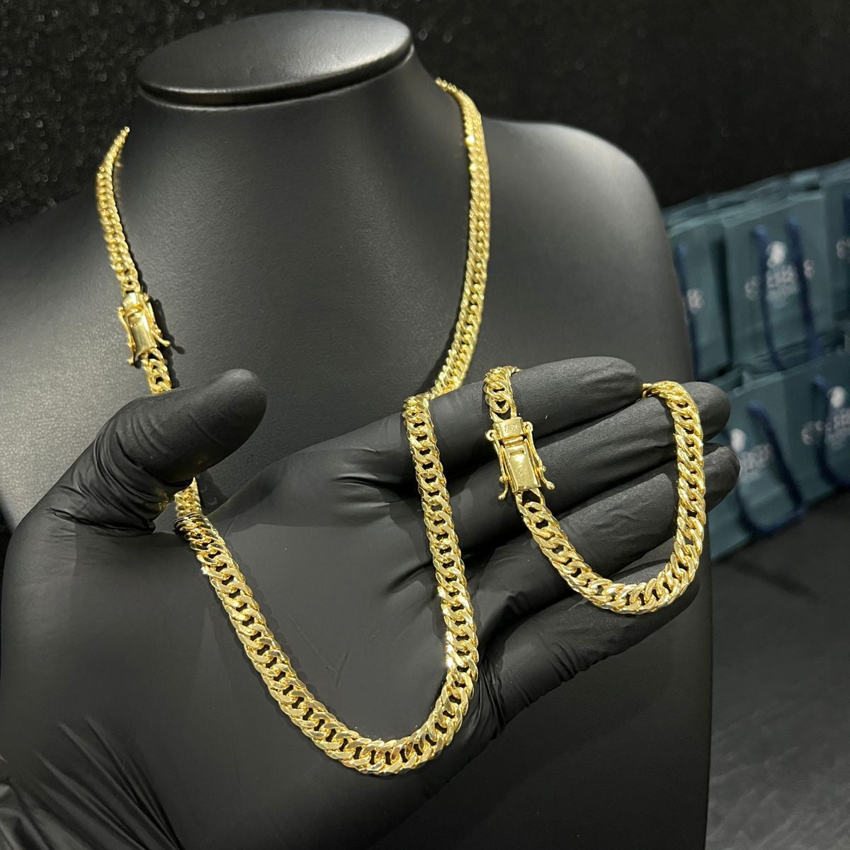 Corrente e Pulseira Grumet Dupla 7mm banhado a ouro 18k