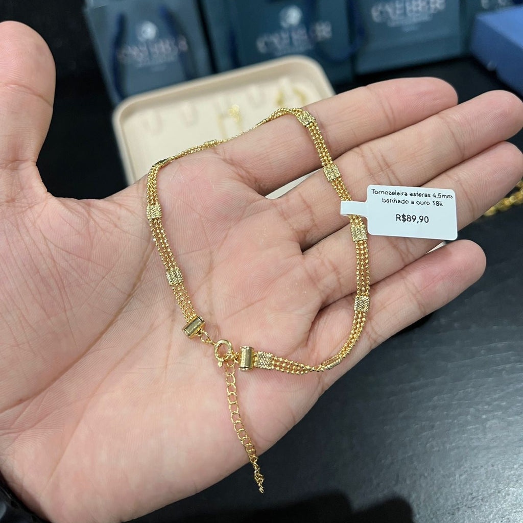 Tornozeleira Trio Esferas 4,5mm banhado a ouro 18k