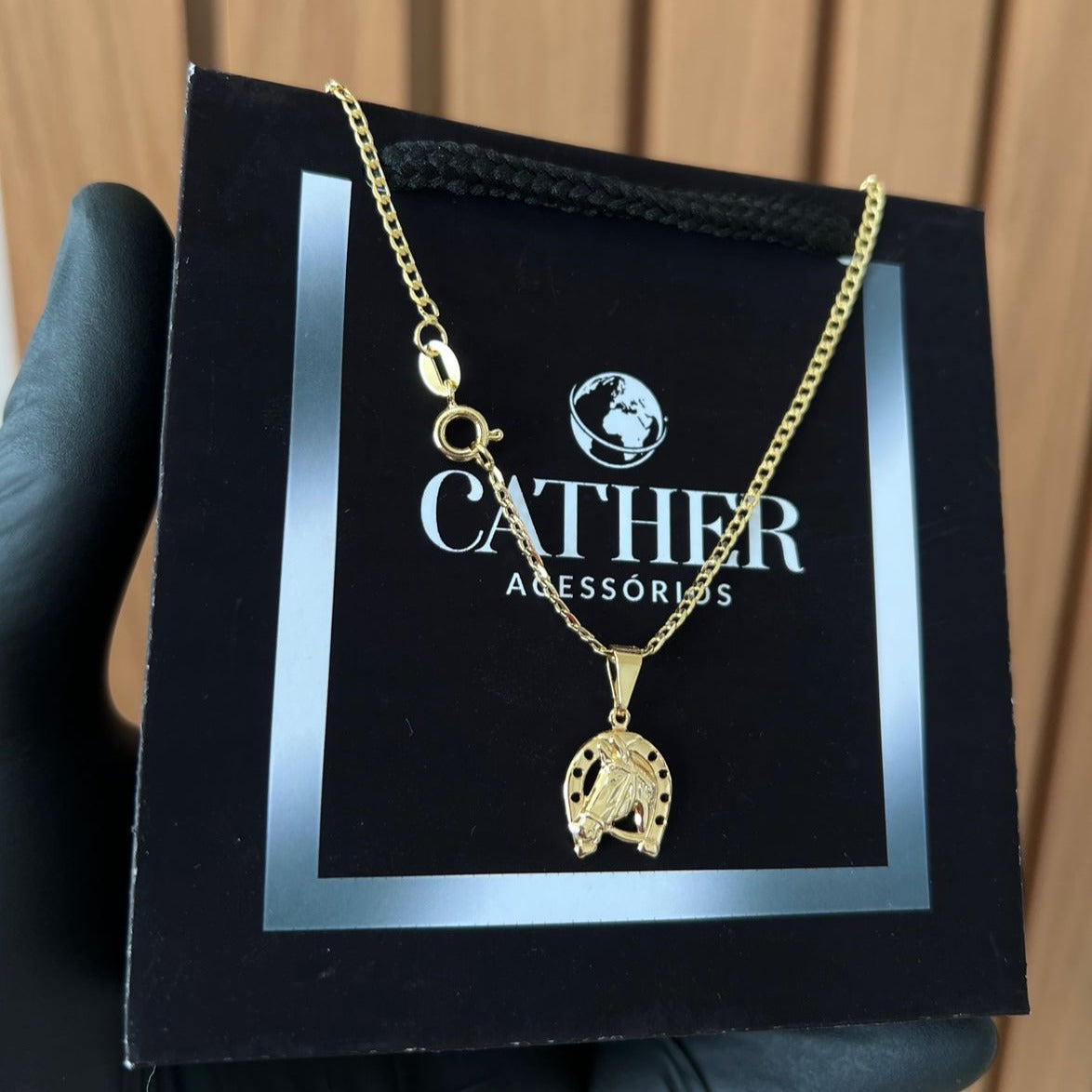 Corrente e Pulseira Grumet Pitbull 2mm + Ping Ferradura Cavalo Banhado a Ouro 18k