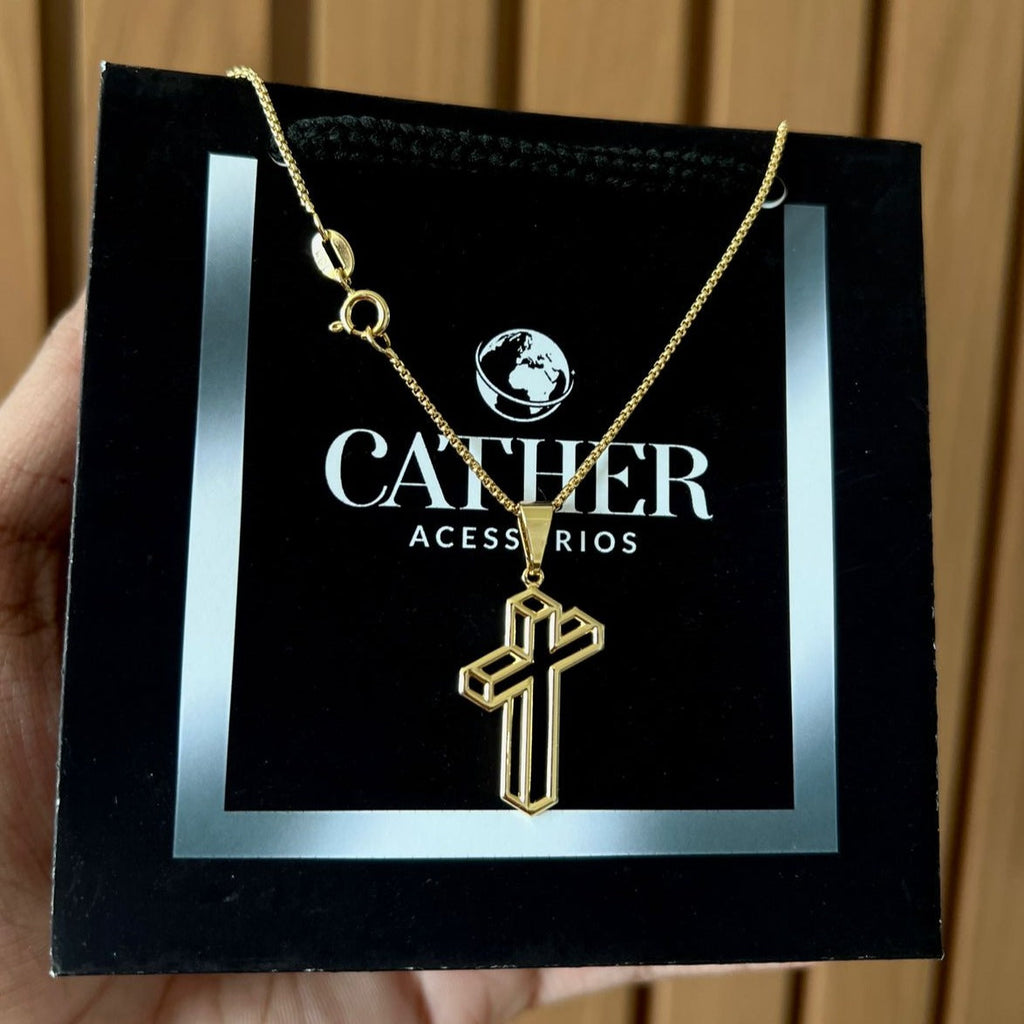 Corrente e Pulseira Veneziana 1mm + Ping Cruz 3D banhado a ouro 18k