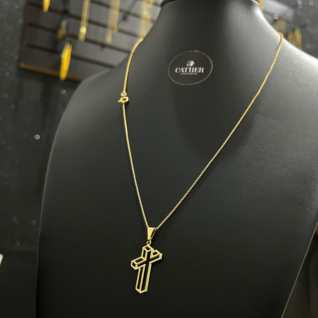 Corrente e Pulseira Veneziana 1mm + Ping Cruz 3D banhado a ouro 18k