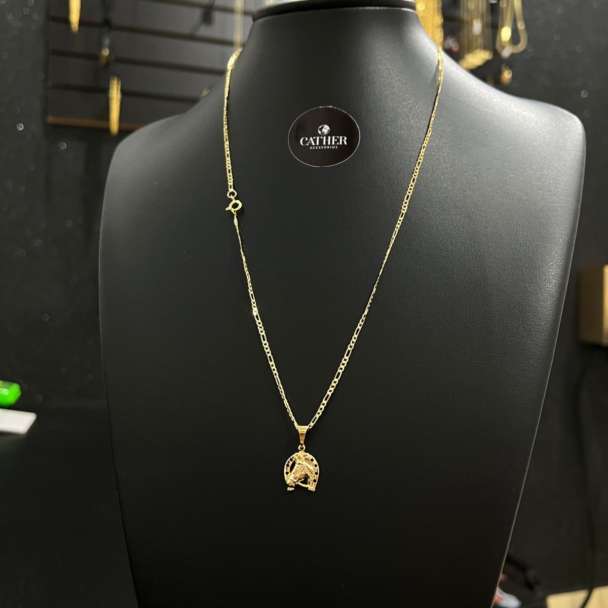 Corrente 3x1 2mm + Ping Ferradura Cavalo Banhado a Ouro 18k