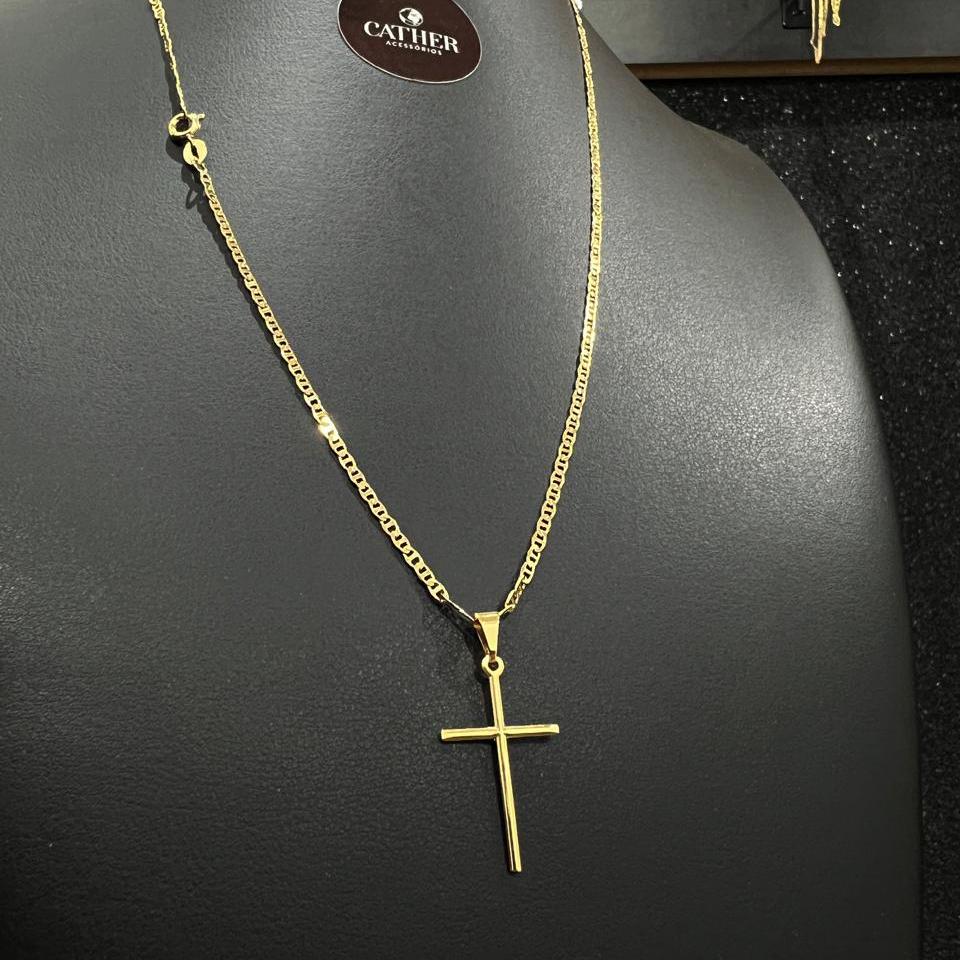 Corrente e Pulseira Piastrine 2mm + Ping Cruz Palito Banhado a ouro 18k