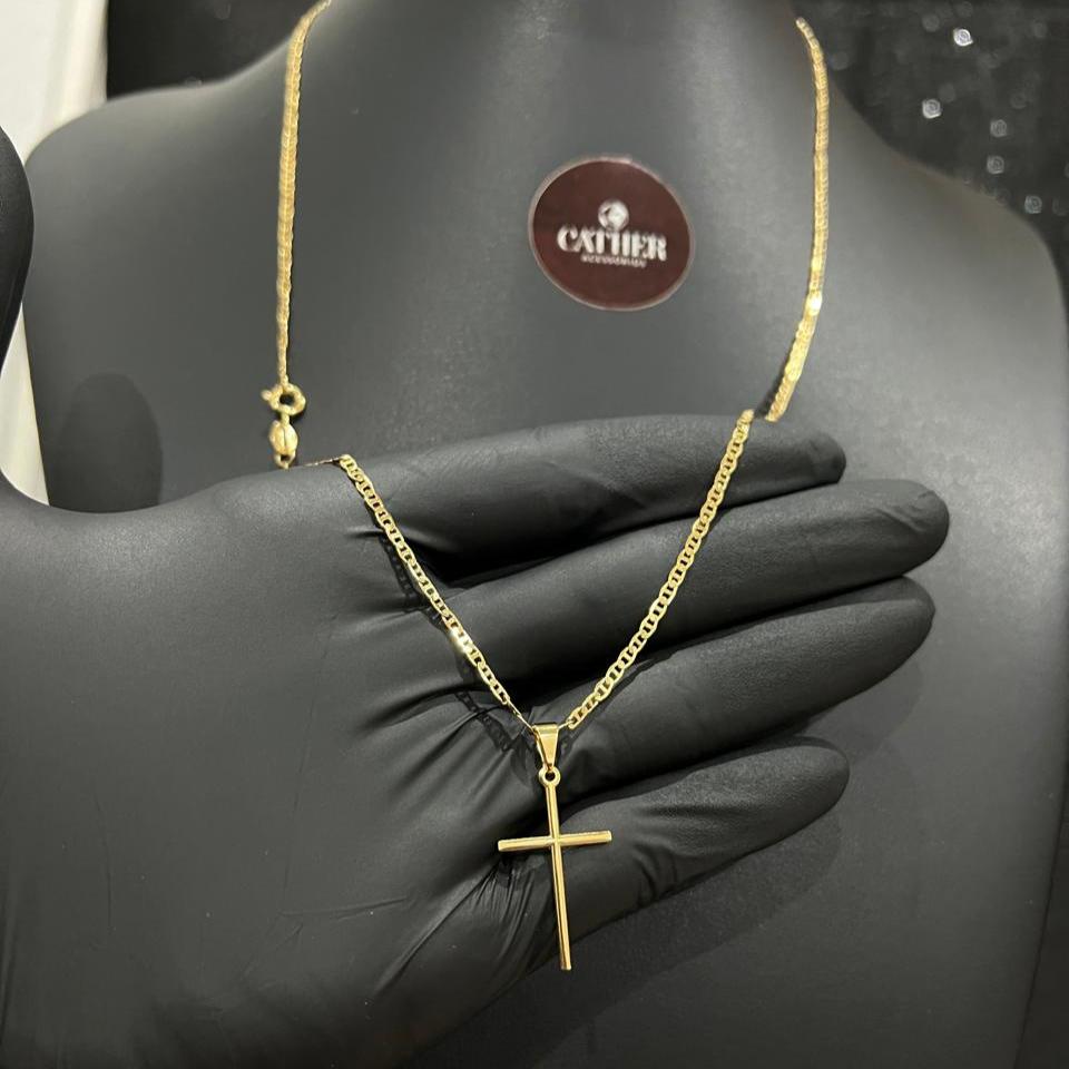 Corrente e Pulseira Piastrine 2mm + Ping Cruz Palito Banhado a ouro 18k