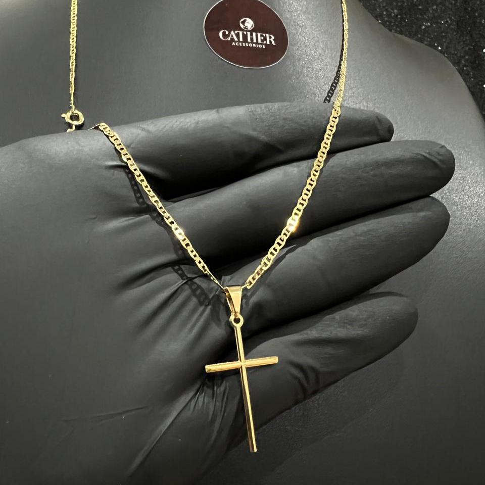 Corrente e Pulseira Piastrine 2mm + Ping Cruz Palito Banhado a ouro 18k