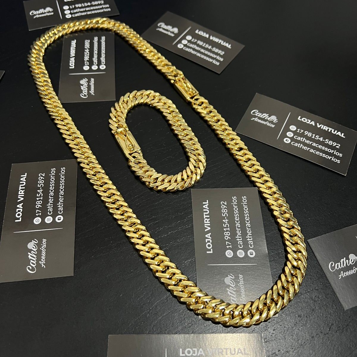 Corrente e Pulseira Grumet Dupla 13mm banhado a ouro 18k