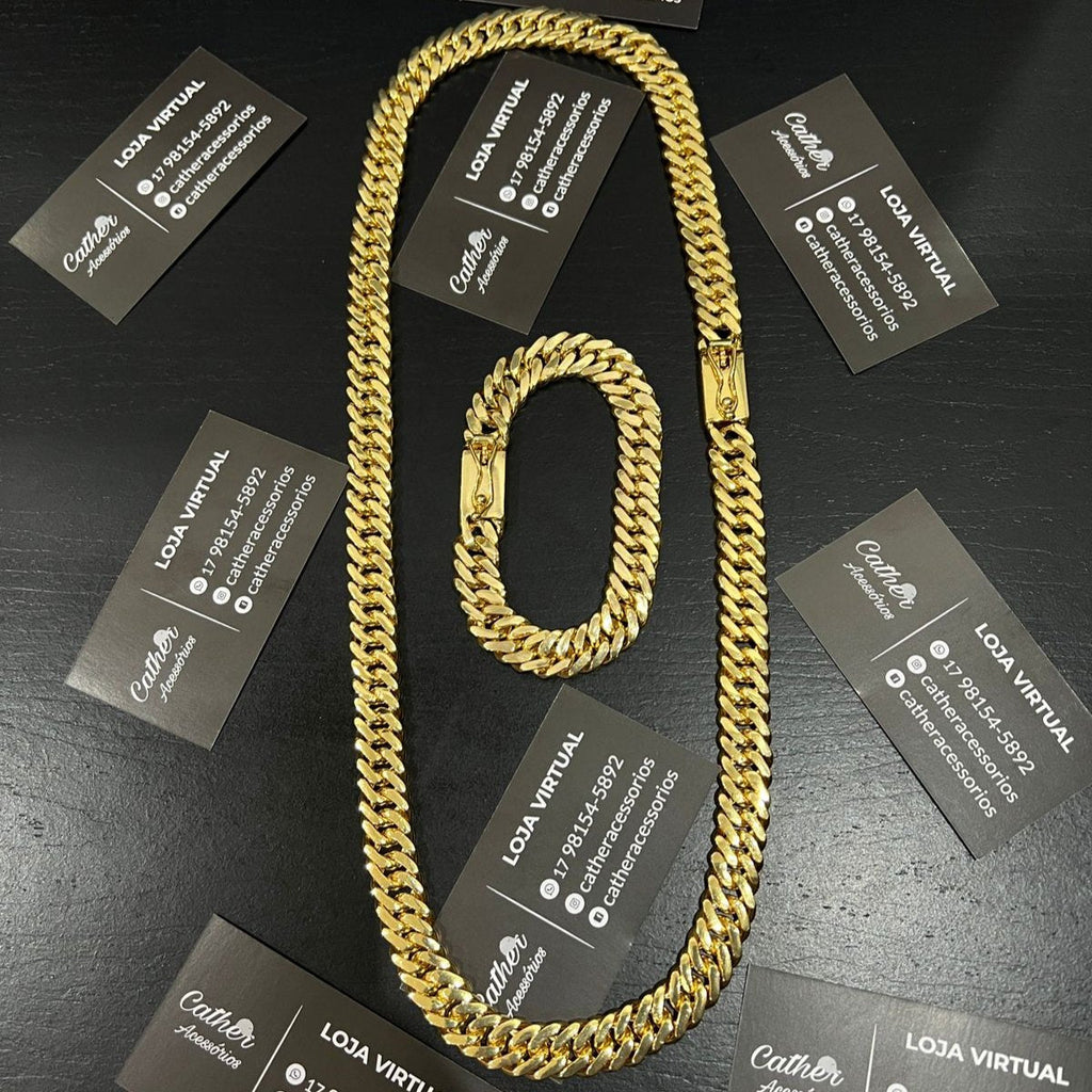Corrente e Pulseira Grumet Dupla 13mm banhado a ouro 18k