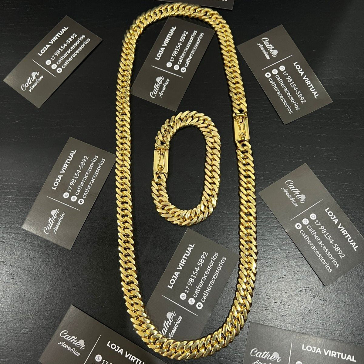 Corrente e Pulseira Grumet Dupla 13mm banhado a ouro 18k