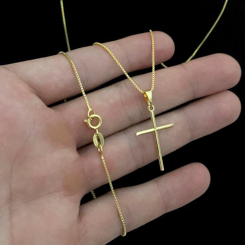 Corrente e Pulseira Veneziana 1mm + Ping Cruz Palito Banhado a ouro 18k
