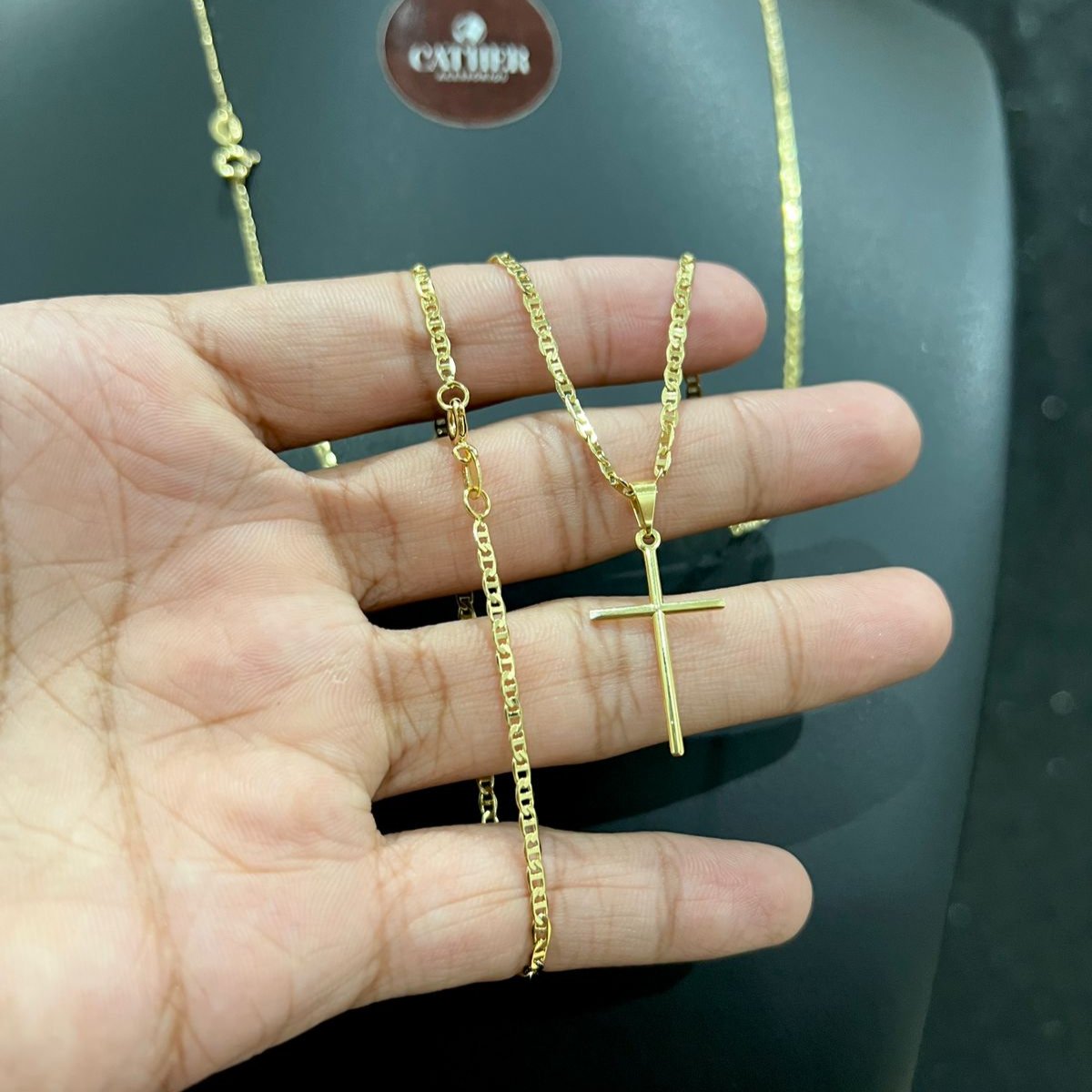 Corrente e Pulseira Piastrine 2mm + Ping Cruz Palito Banhado a ouro 18k