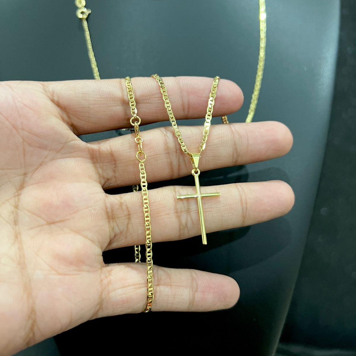 Corrente e Pulseira Piastrine 2mm + Ping Cruz Palito Banhado a ouro 18k