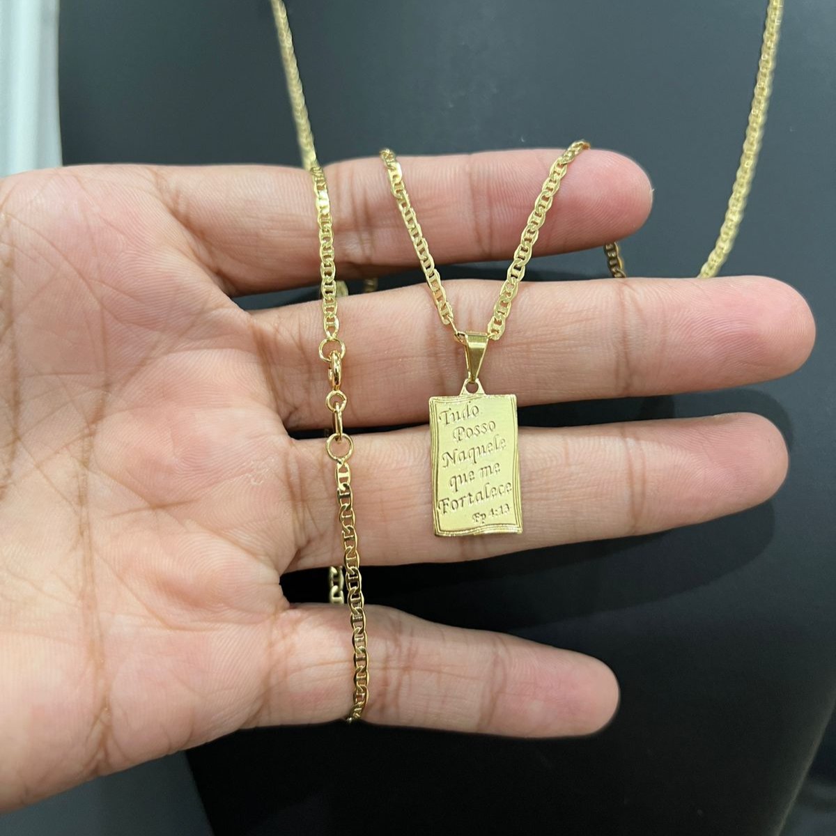 Corrente e Pulseira Piastrine 2mm + Ping Salmos Banhado a Ouro 18k