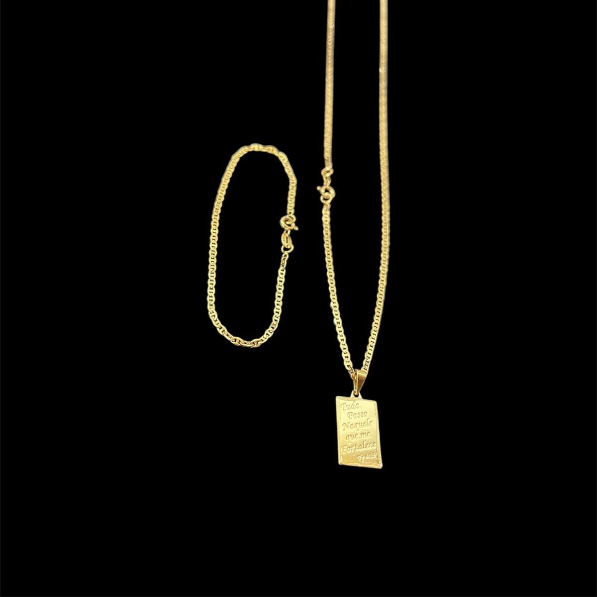 Corrente e Pulseira Piastrine 2mm + Ping Salmos Banhado a Ouro 18k