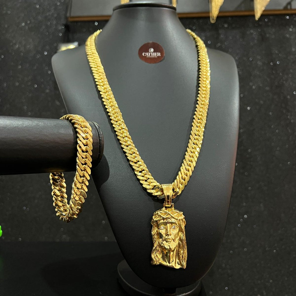 Corrente e Pulseira Grumet Dupla 13mm + Ping Rosto Jesus banhado a ouro 18k