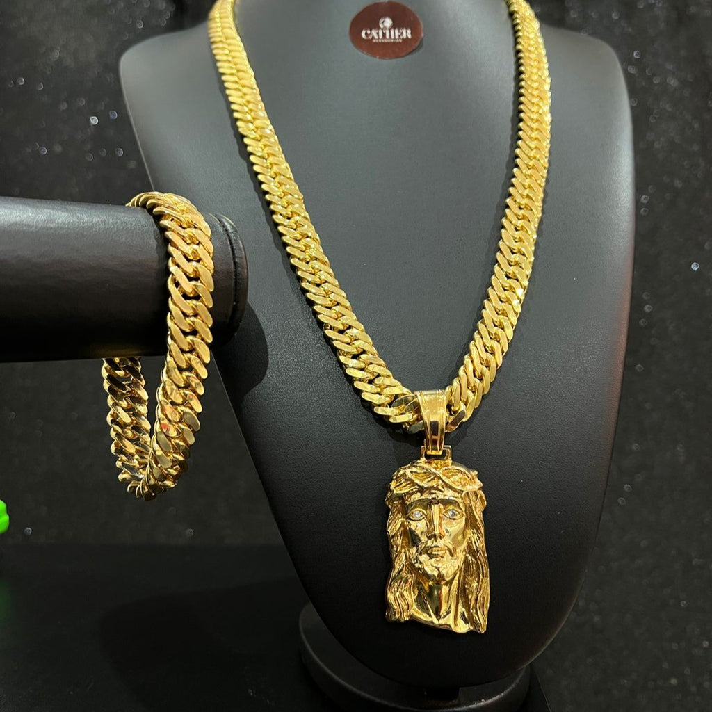 Corrente e Pulseira Grumet Dupla 13mm + Ping Rosto Jesus banhado a ouro 18k