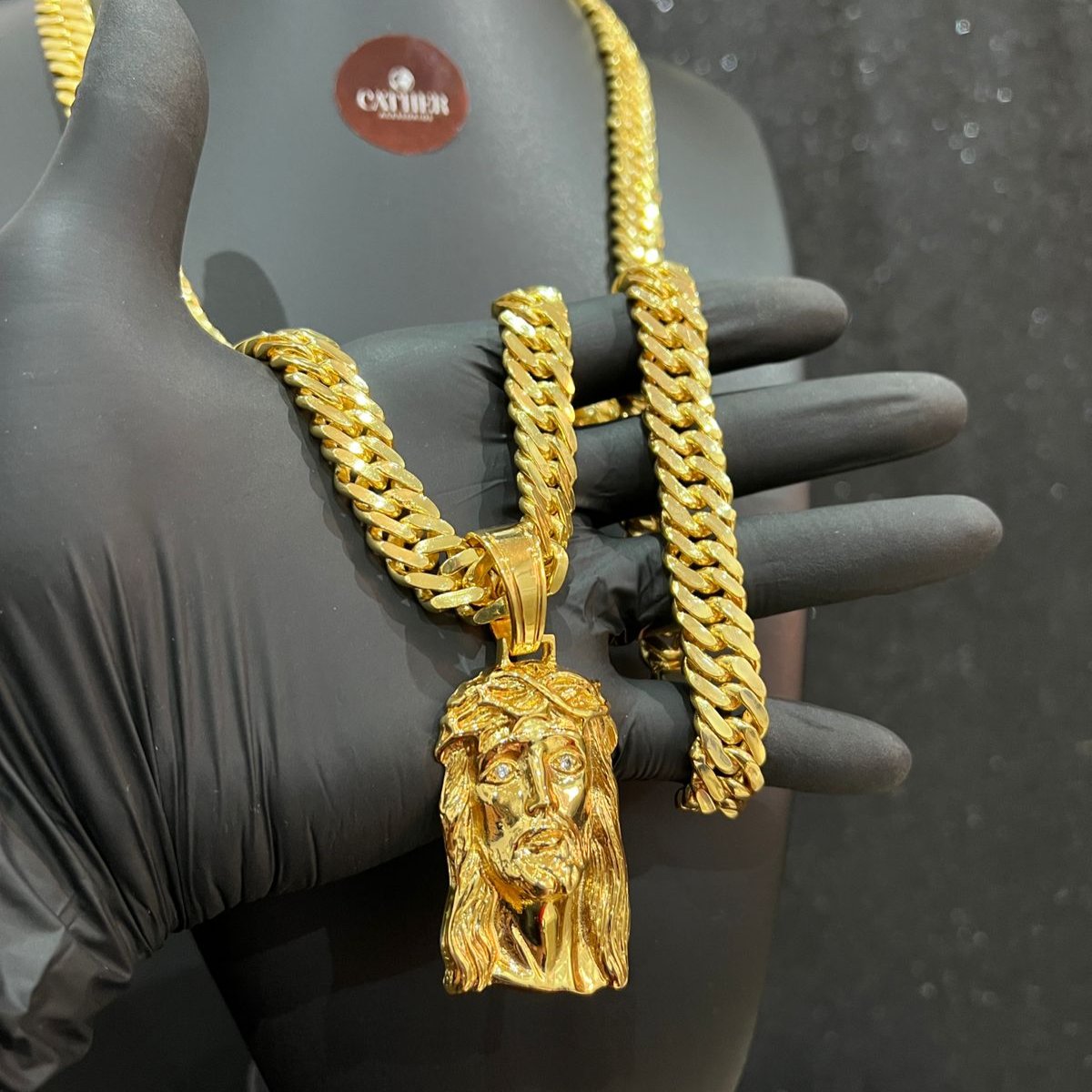 Corrente e Pulseira Grumet Dupla 13mm + Ping Rosto Jesus banhado a ouro 18k