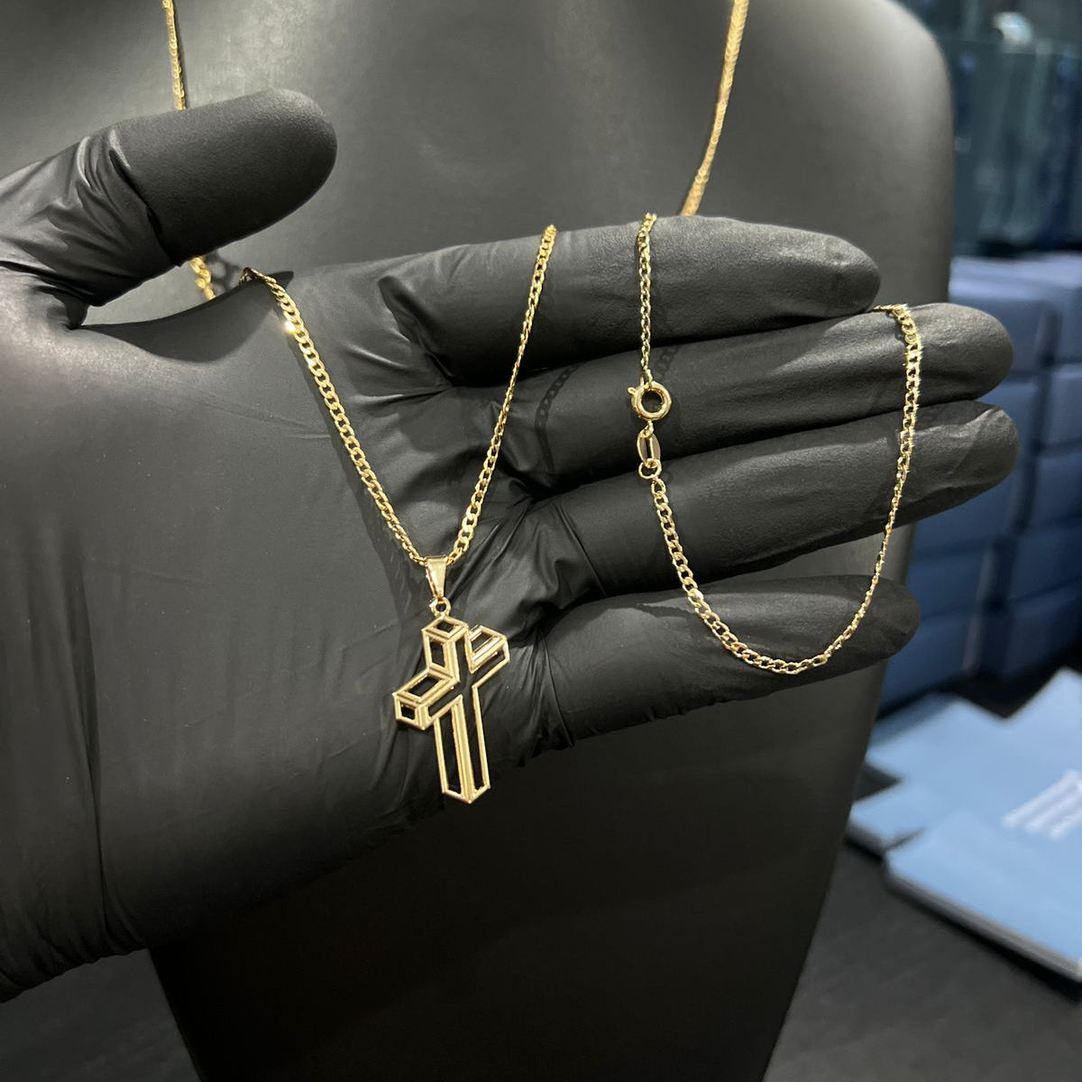 Corrente e Pulseira Grumet Pitbull 2mm + Ping Cruz 3d Banhado a Ouro 18k