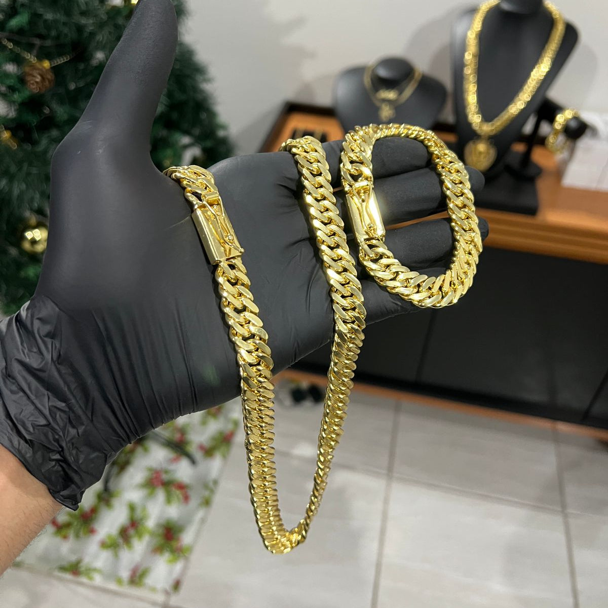 Corrente e Pulseira Grumet Dupla 13mm banhado a ouro 18k