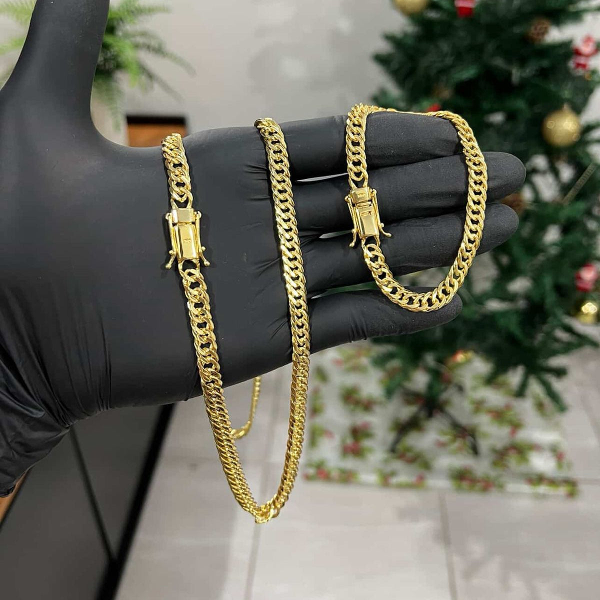 Corrente e Pulseira Grumet Dupla 7mm banhado a ouro 18k